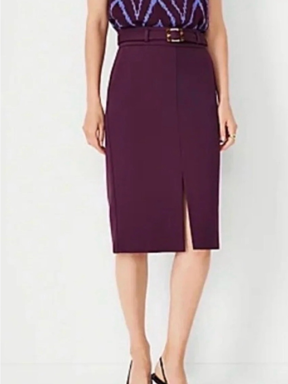 Ann Taylor Plum Belted Pencil Skirt with Front Slit